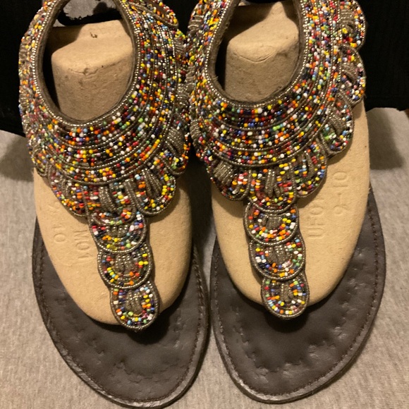 🆕SIZE 10 AFRICAN HANDMADE BROWN LEATHER COLORFUL BEADED THONG SANDALS - Picture 7 of 16